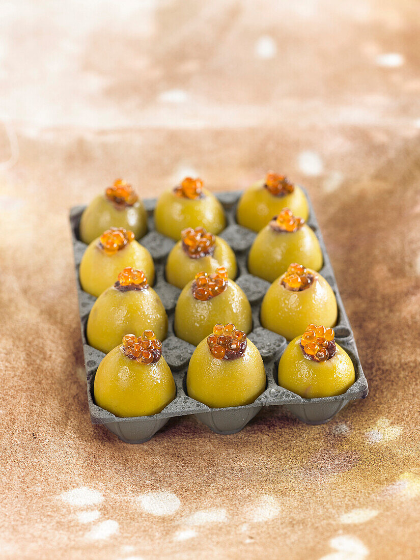 Olives stuffed with anchovies and trout roe
