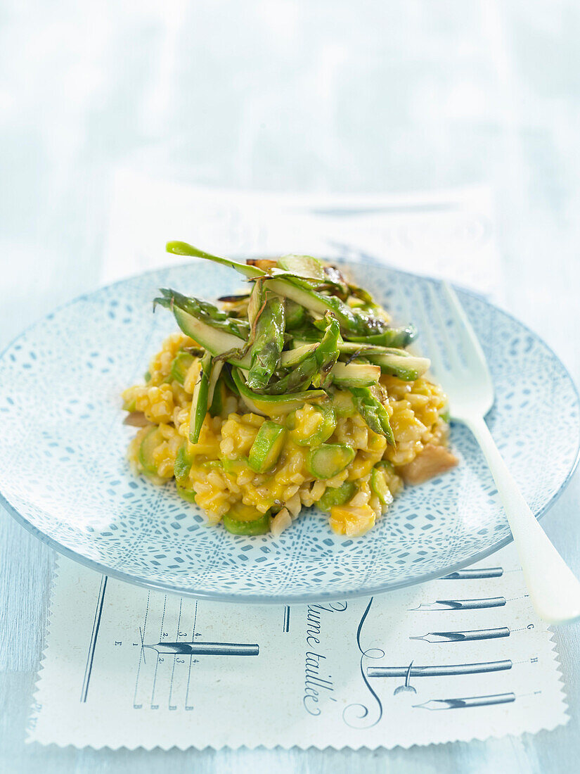 Pumpkin, chestnut and green asparagus risotto
