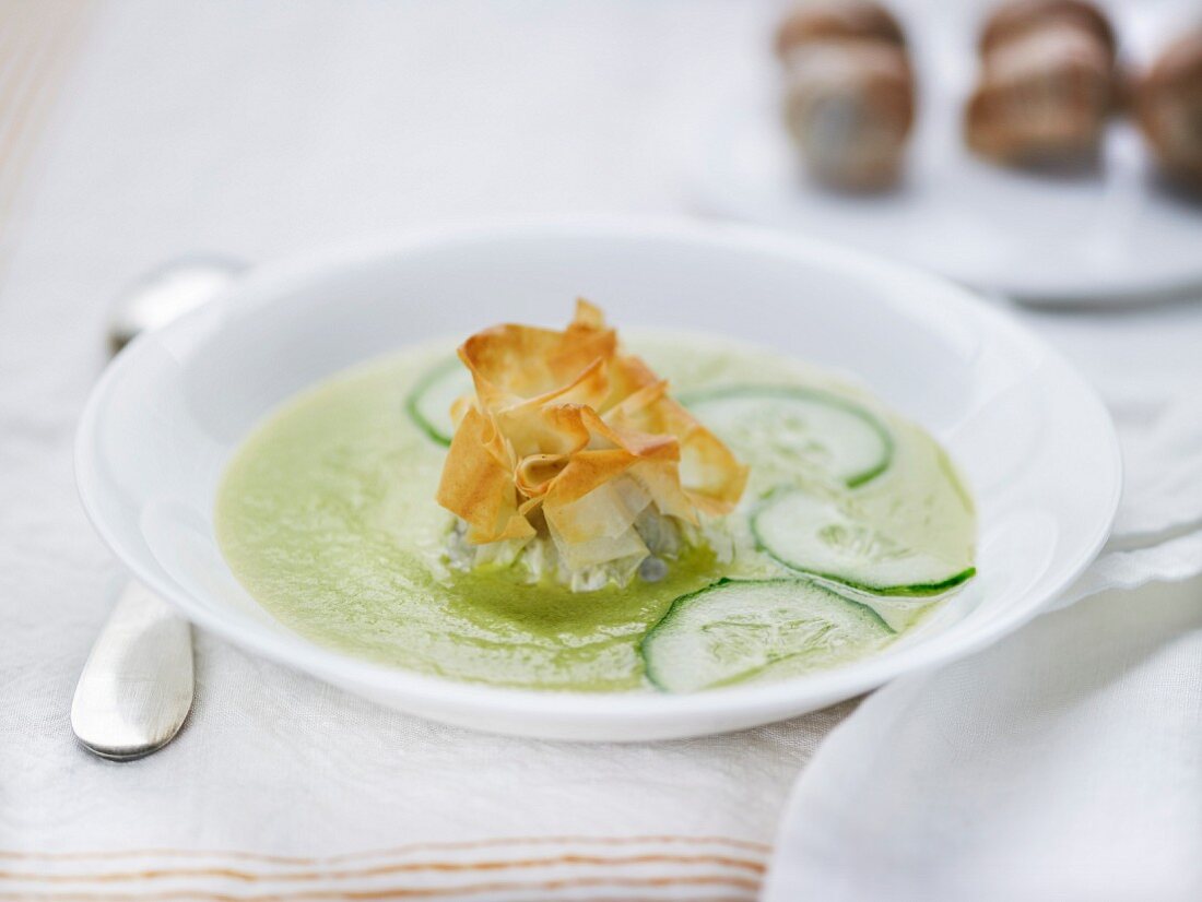 Cold cucumber soup and crusty filo pastries filled with mushroom