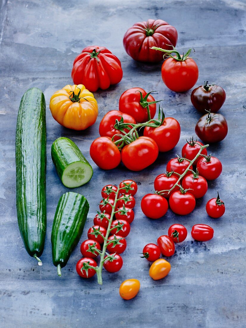 Various tomatoes and cucumber