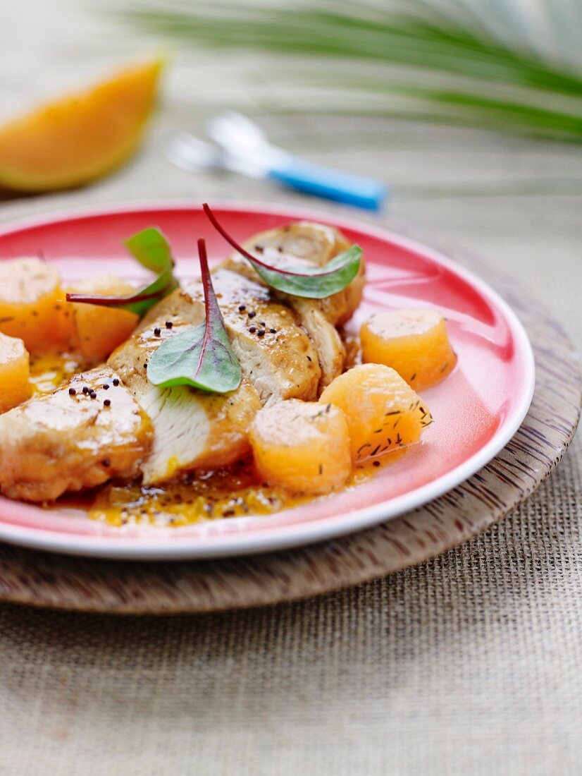 Filet mignon of veal and spicey melon cubes