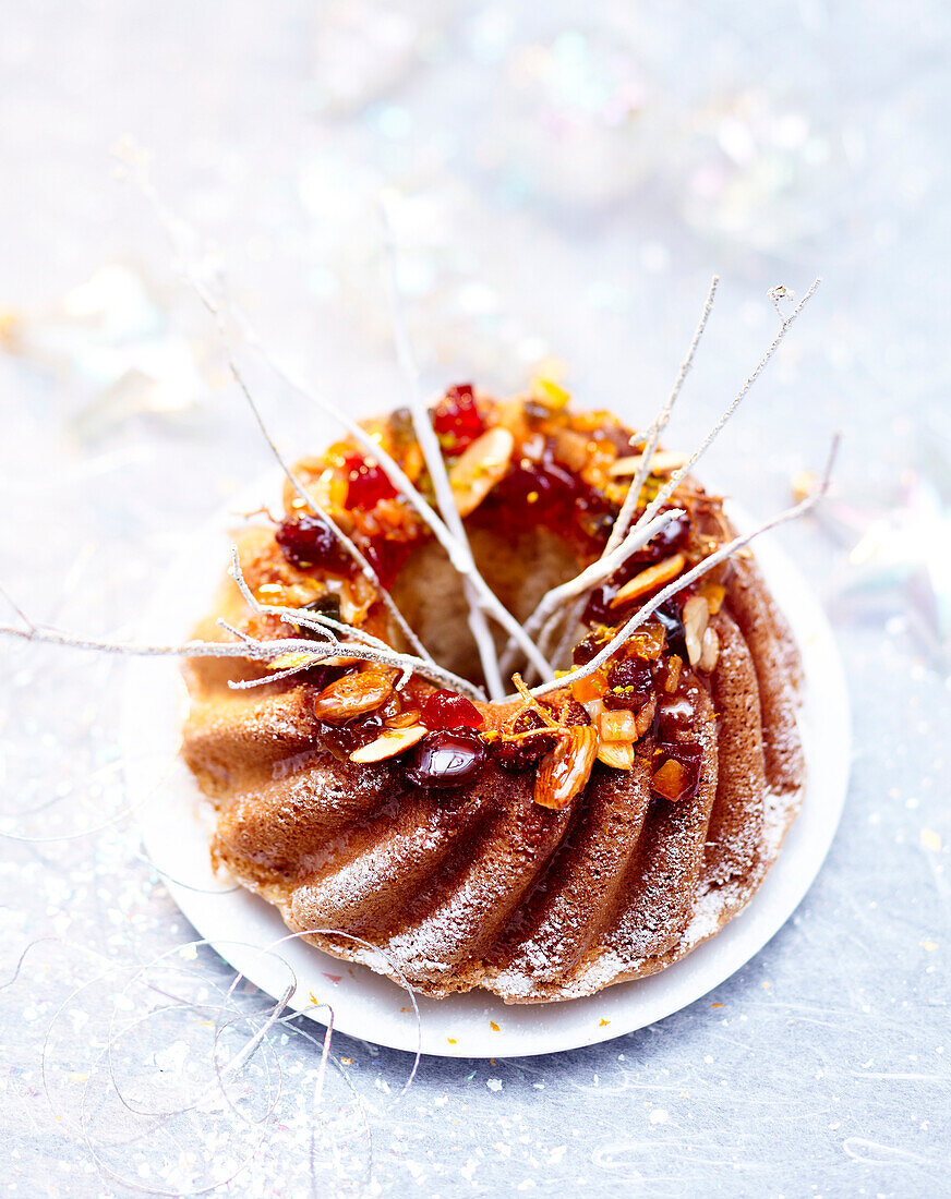 Marzipan cake with caramelized dried fruit