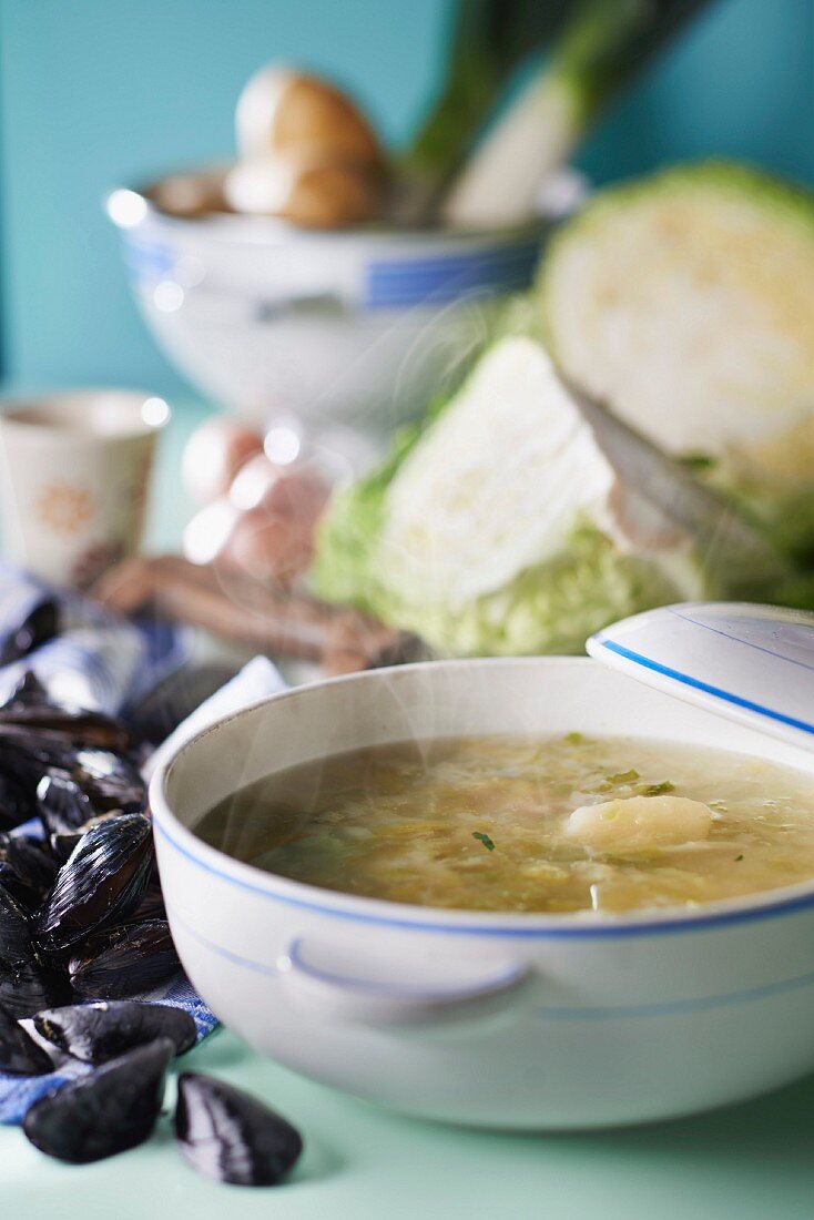 Potato,leek and white haricot bean soup