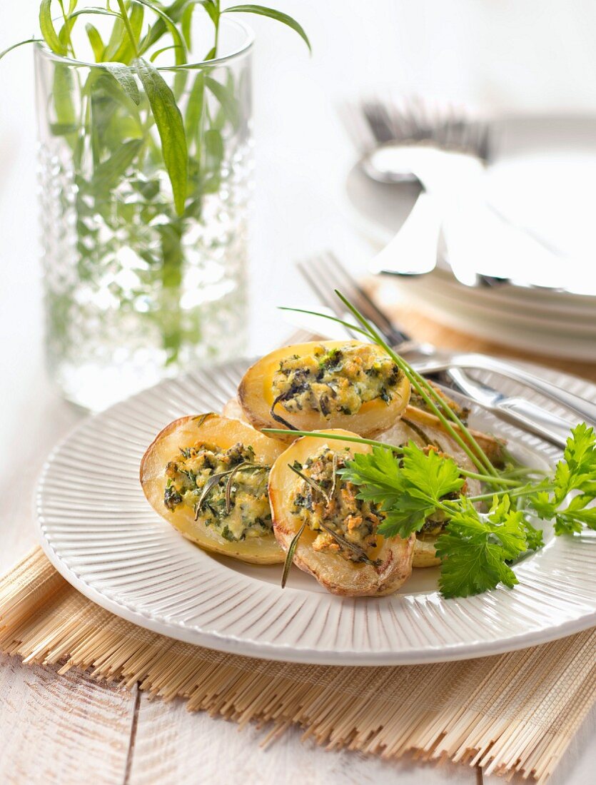 Potatoes stuffed with ground chicken breasts and fresh herbs