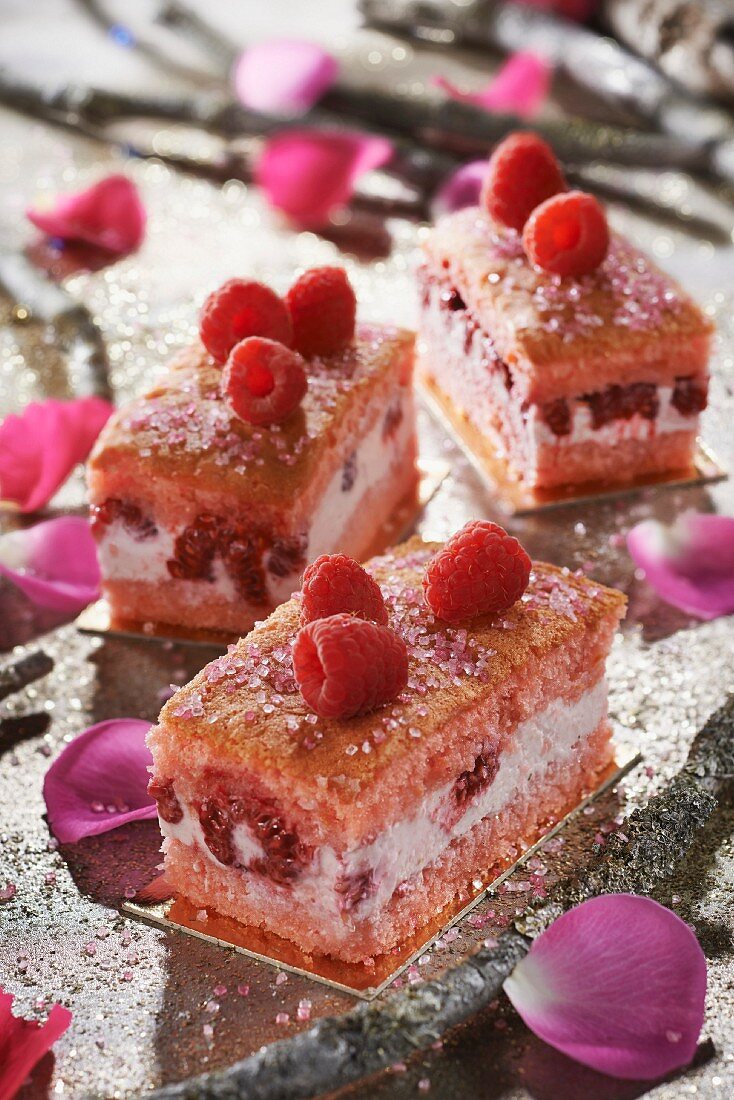 Raspberry and rose water individual log cakes