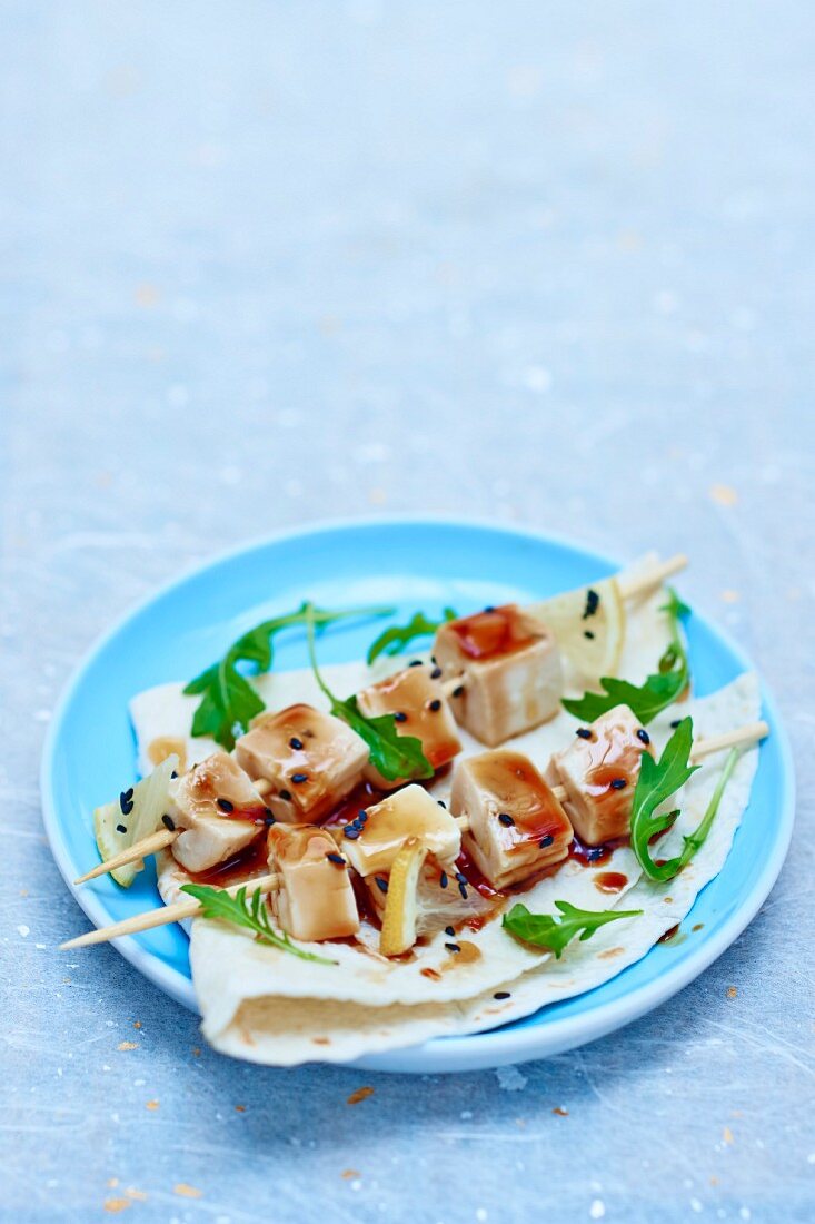 Tofu skewers with soya sauce