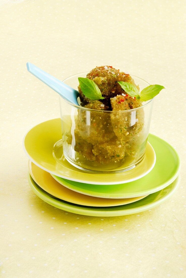 Balsamic vinaigar-flavored gazpacho granita