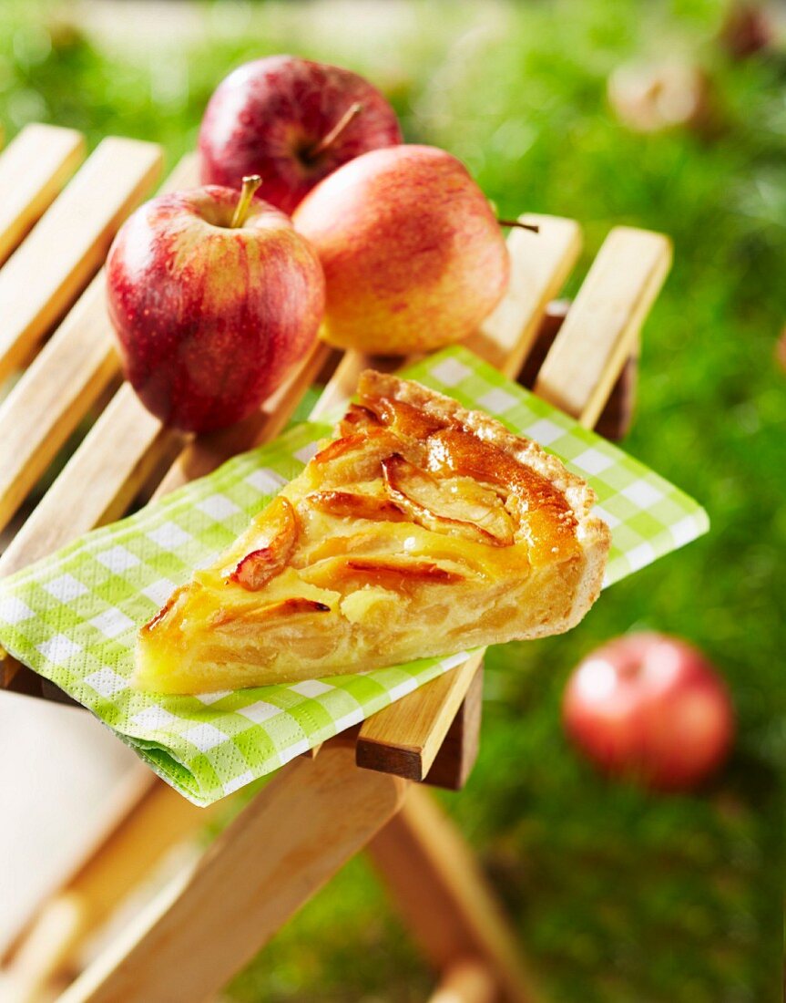 Slice of apple pie outdoors