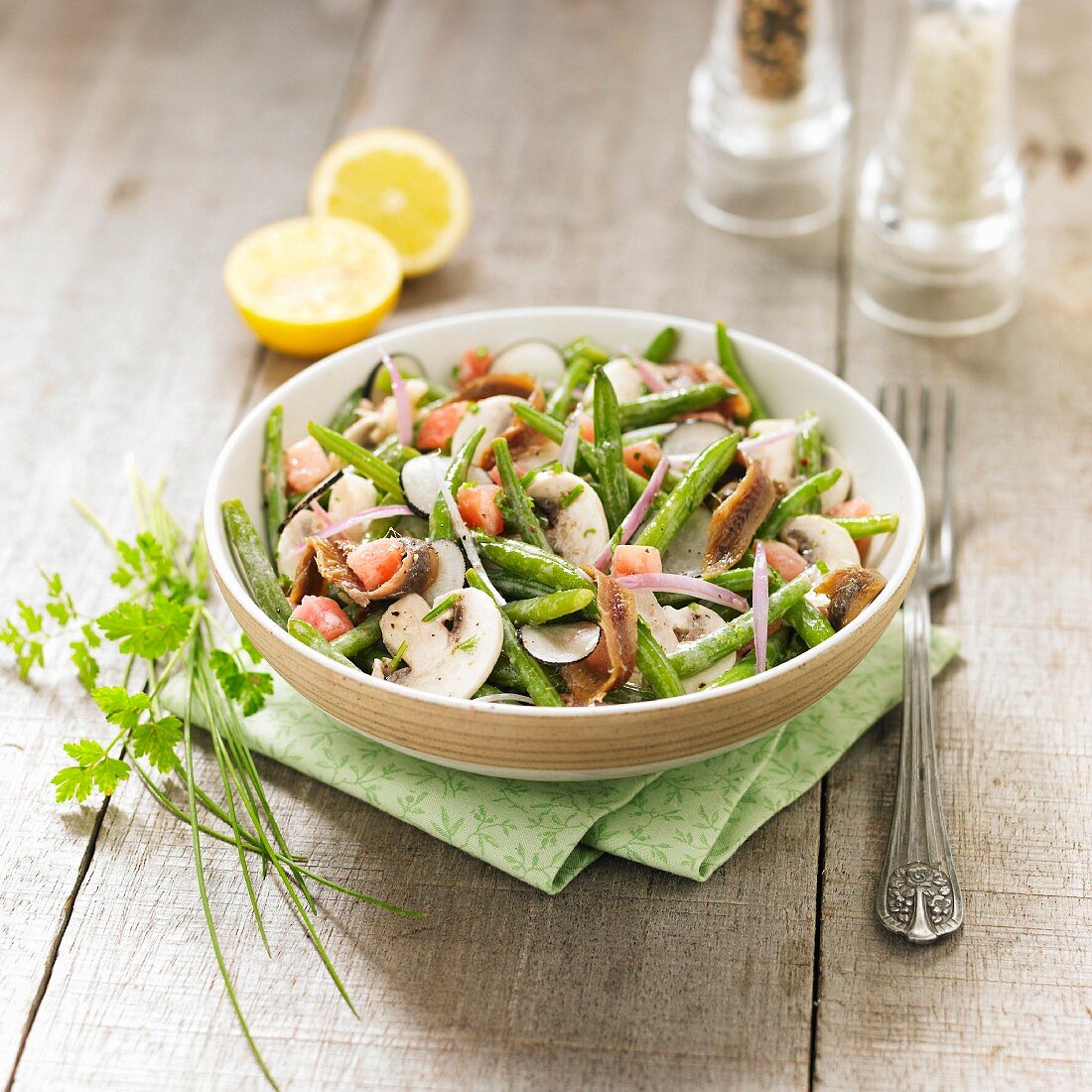 Green bean,mushroom and anchovy salad