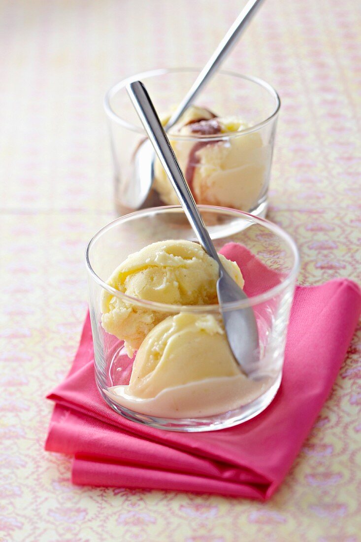 Vanilla ice cream and yoghurt ice cream with red fruit coulis