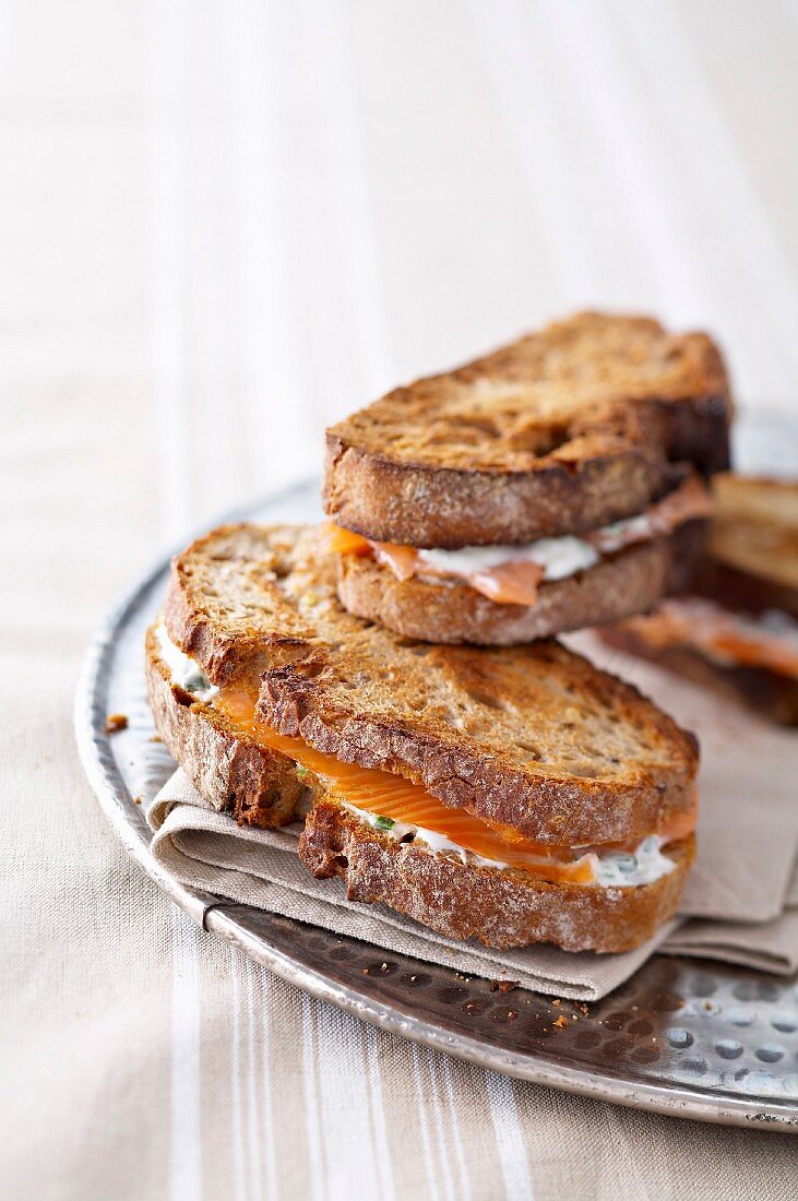 Smoked salmon and herby horseradish sauce toasted sandwich