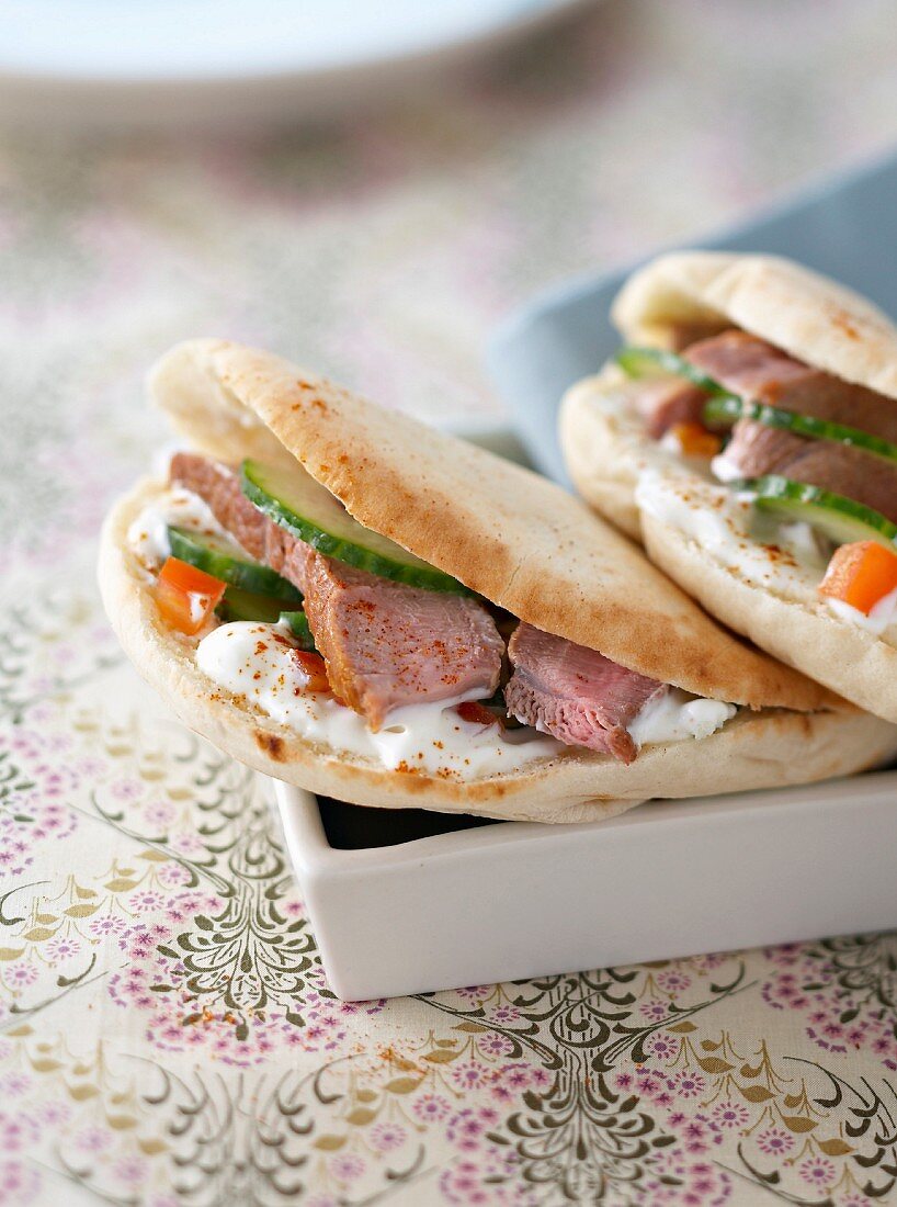 Lamb,vegetable and Greek yoghurt pitta bread sandwich