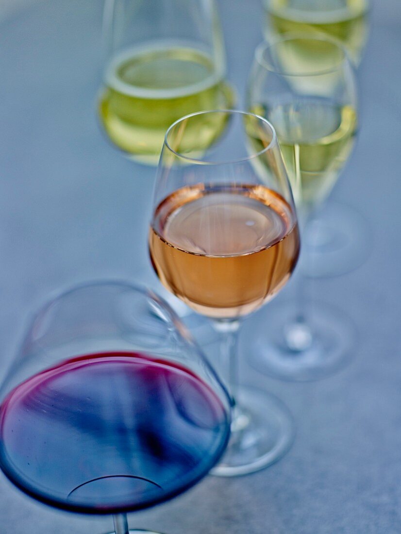 Glasses of red, rosé and white wine