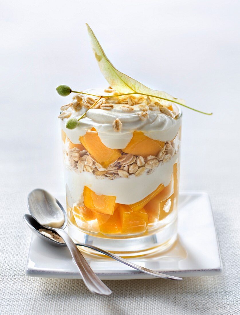 Oat flake, fromage blanc,mango and lime blossom trifle