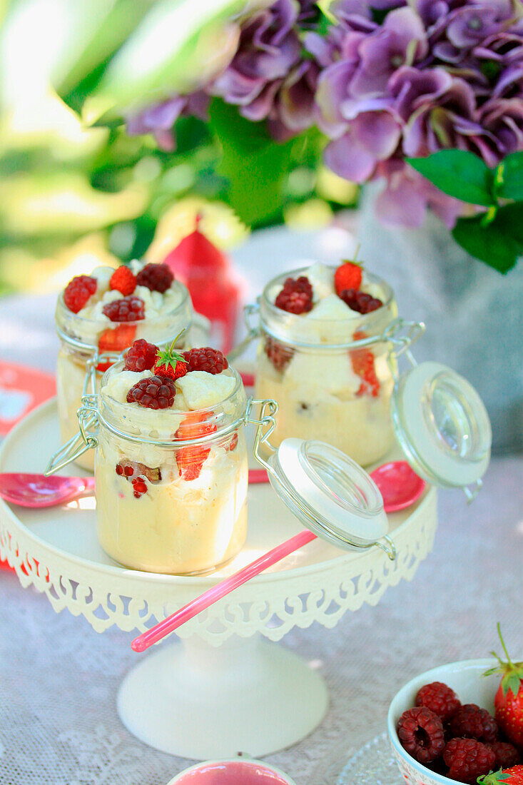 Iles flottante with red berries on vanilla sauce