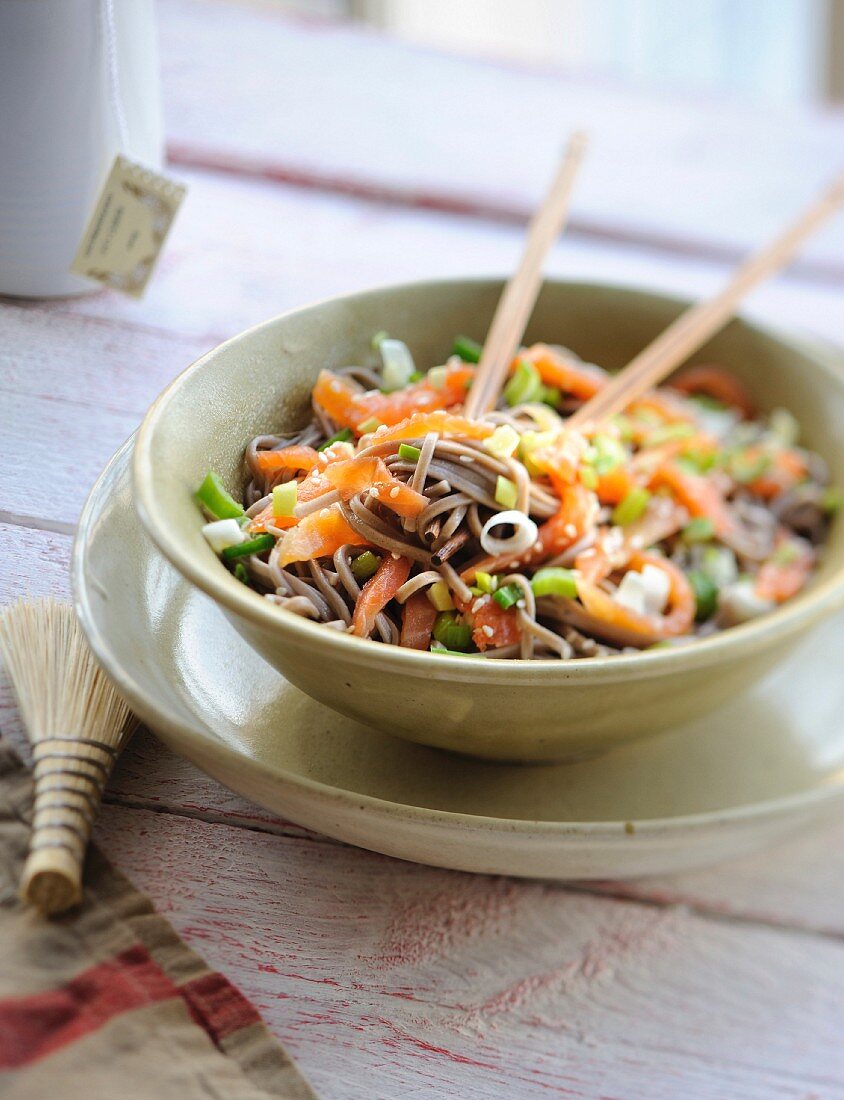 Soba noodle,salmon and vegetable salad