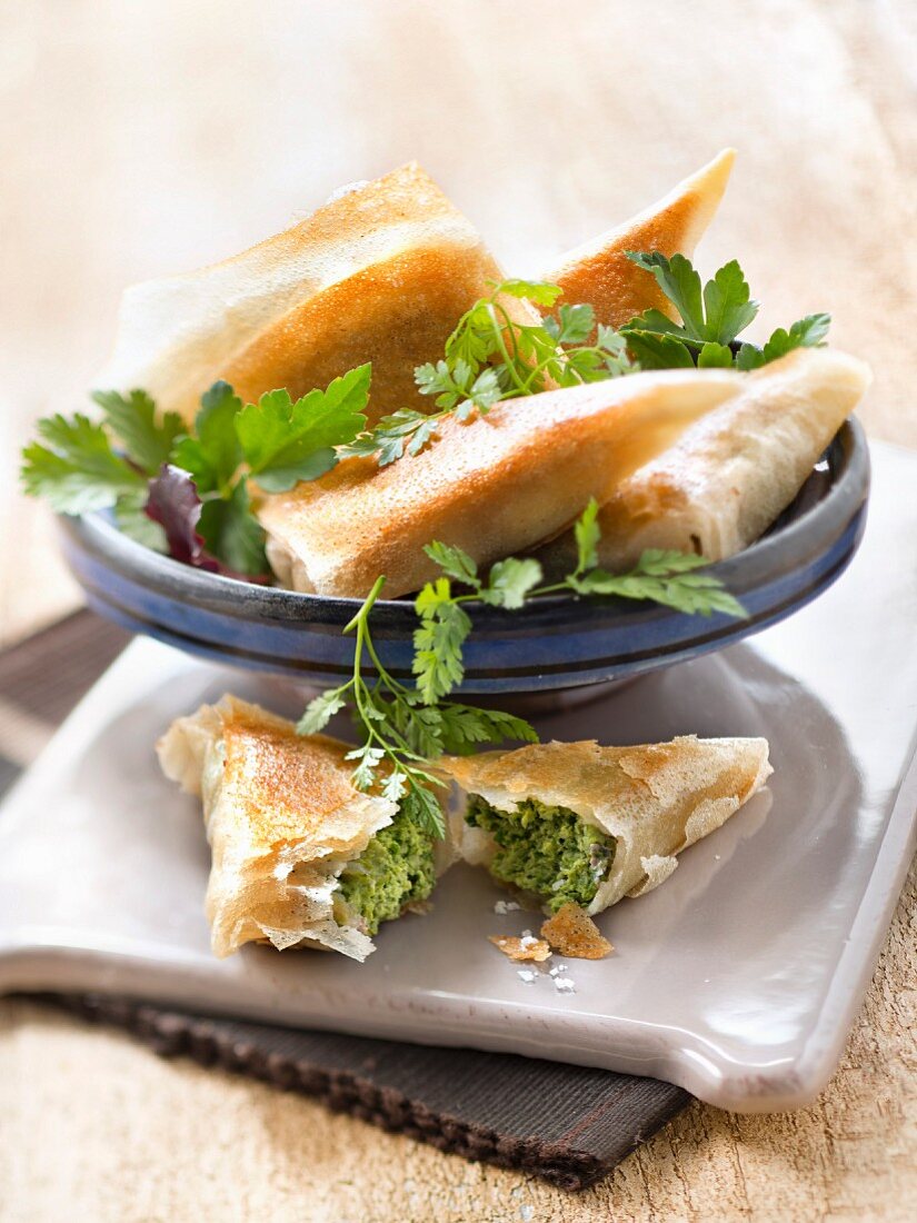Veal,spinach and parsley filo pastry triangles