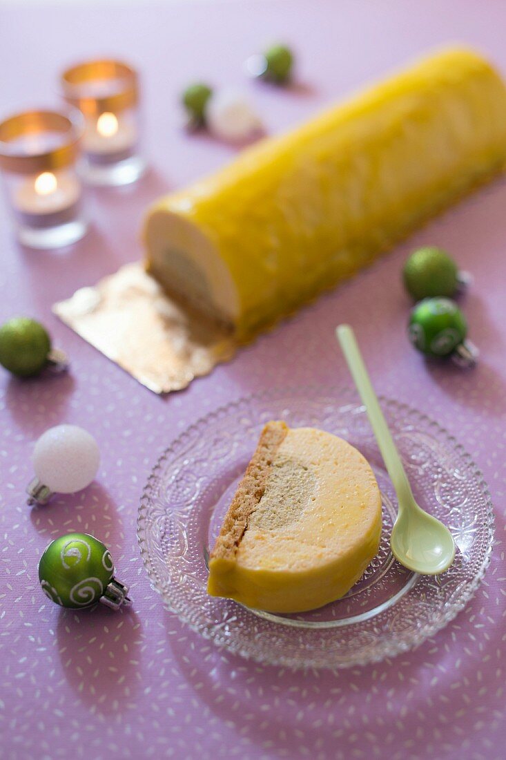 Apricot-pistachio Christmas log cake