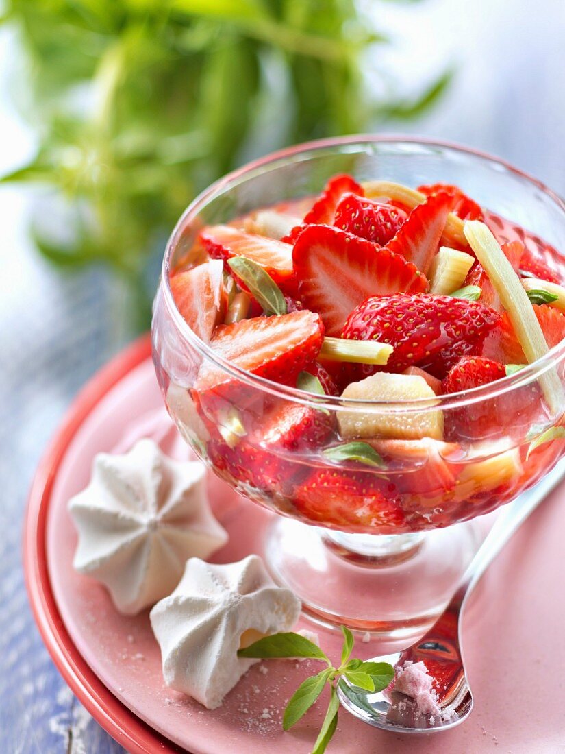 Obstsuppe mit Erdbeeren, Rhabarber, Zitronengras und Baisergebäck