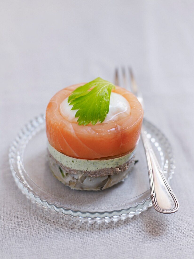 Artichoke base,mushroom duxelle,herb cream and smoked salmon with a poached egg