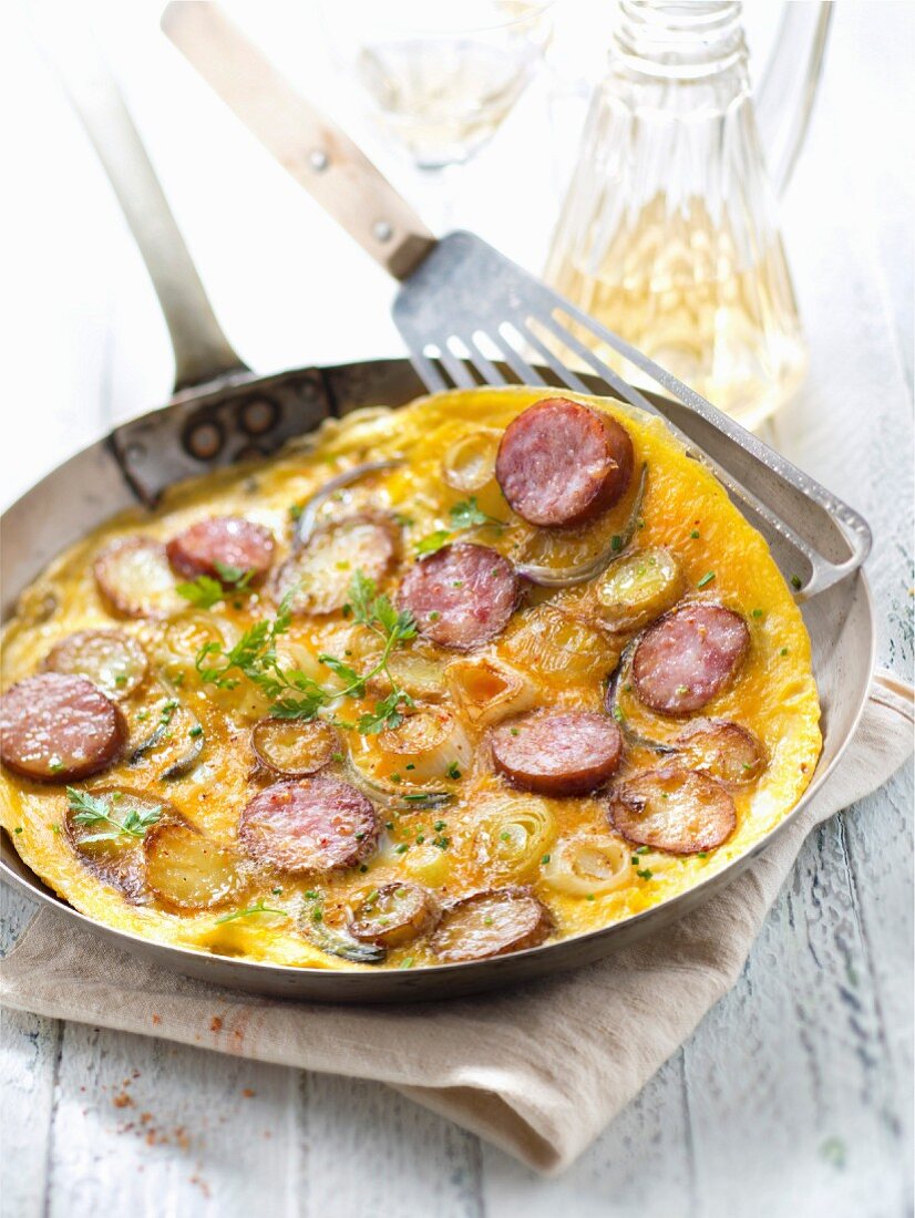 Leek,potato and Morteau sausage omelette