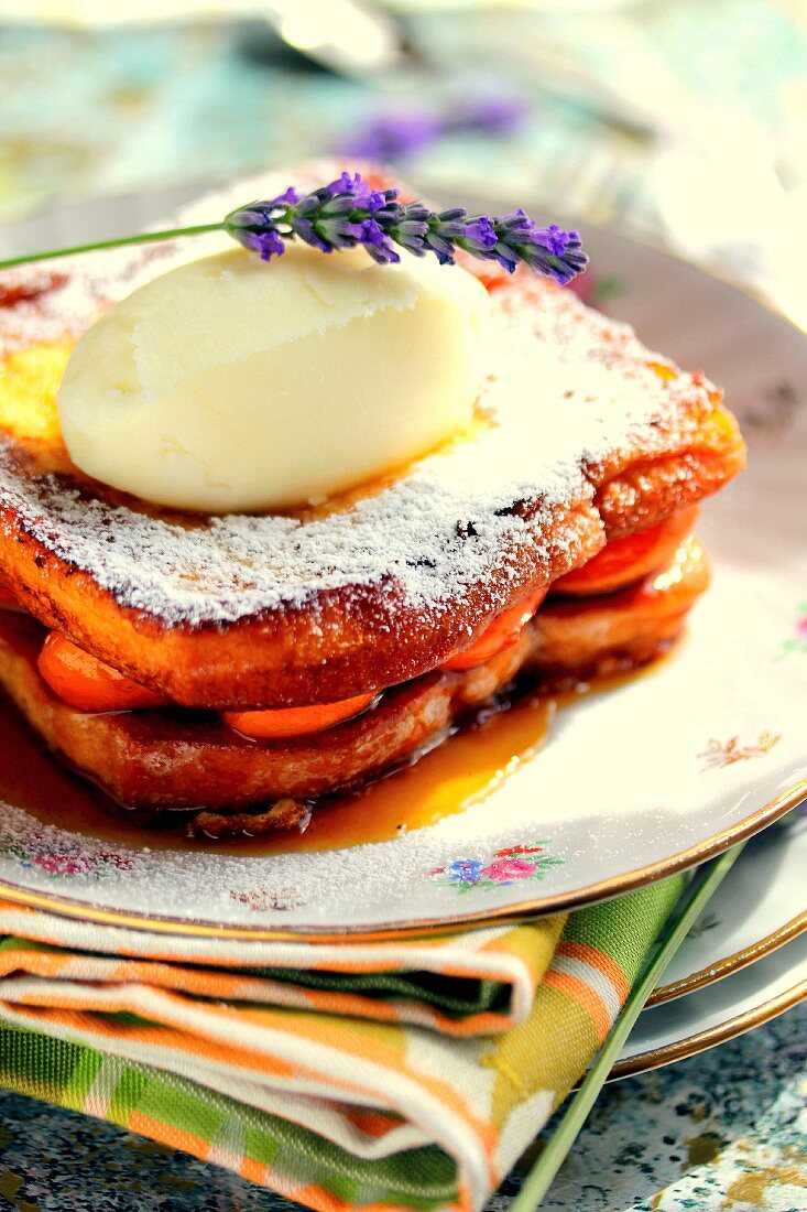 Caramelized apricot brioche pain perdu,almond milk ice cream