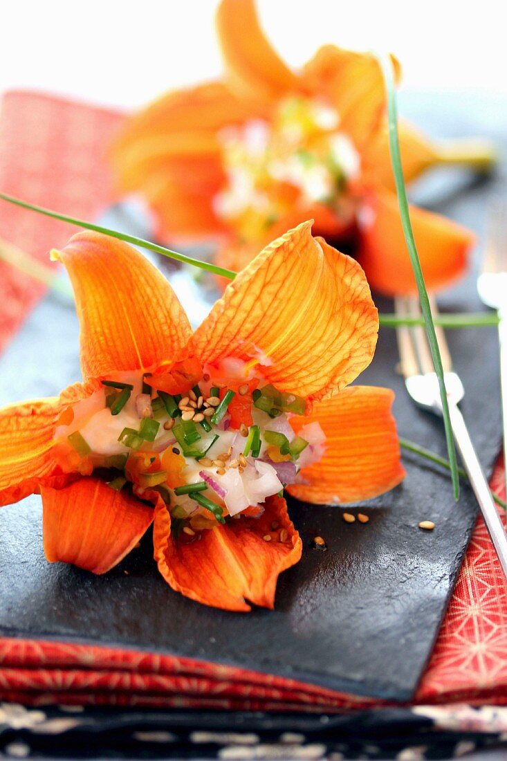 Orange lilies suffed with cream cheese