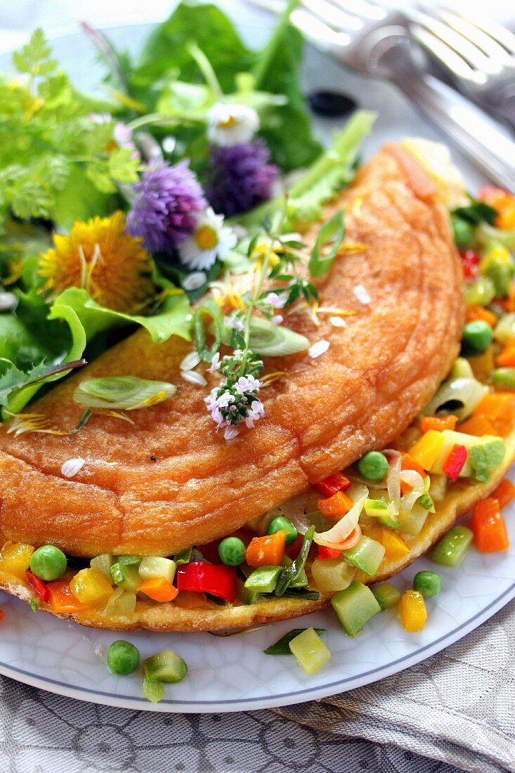 Diced vegetable omelette,sprout and flower salad