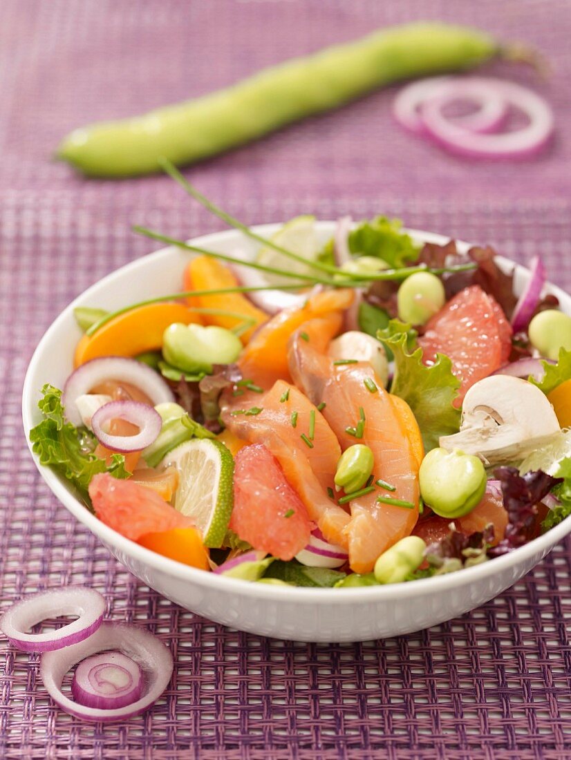 Smoked salmon, mushroom, broad bean, peach and grapefruit salad