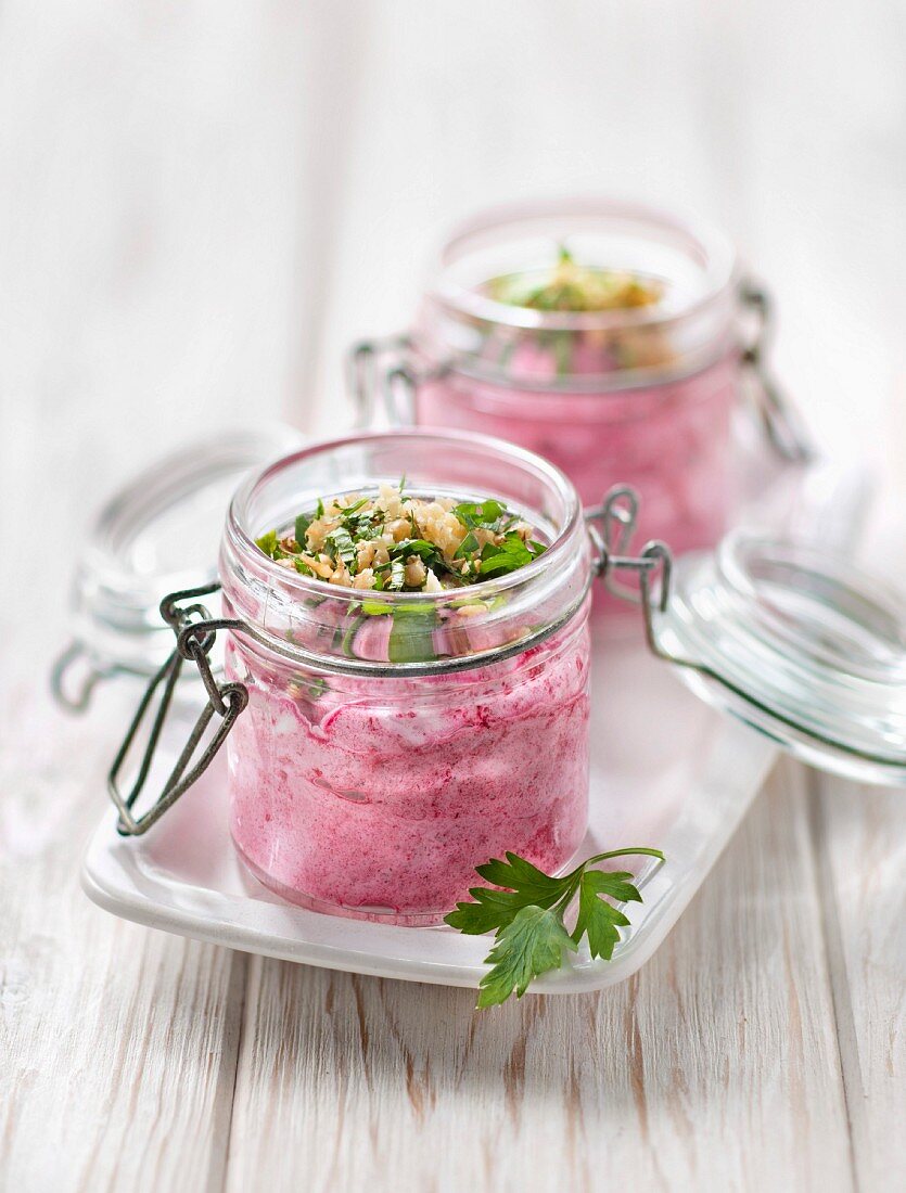 Beetroot mousse with parsley and walnuts