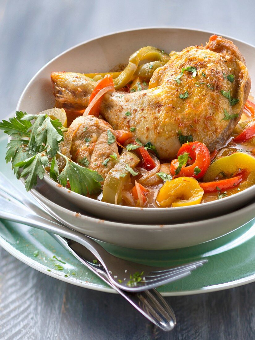 Poulet Basquaise with three colored peppers