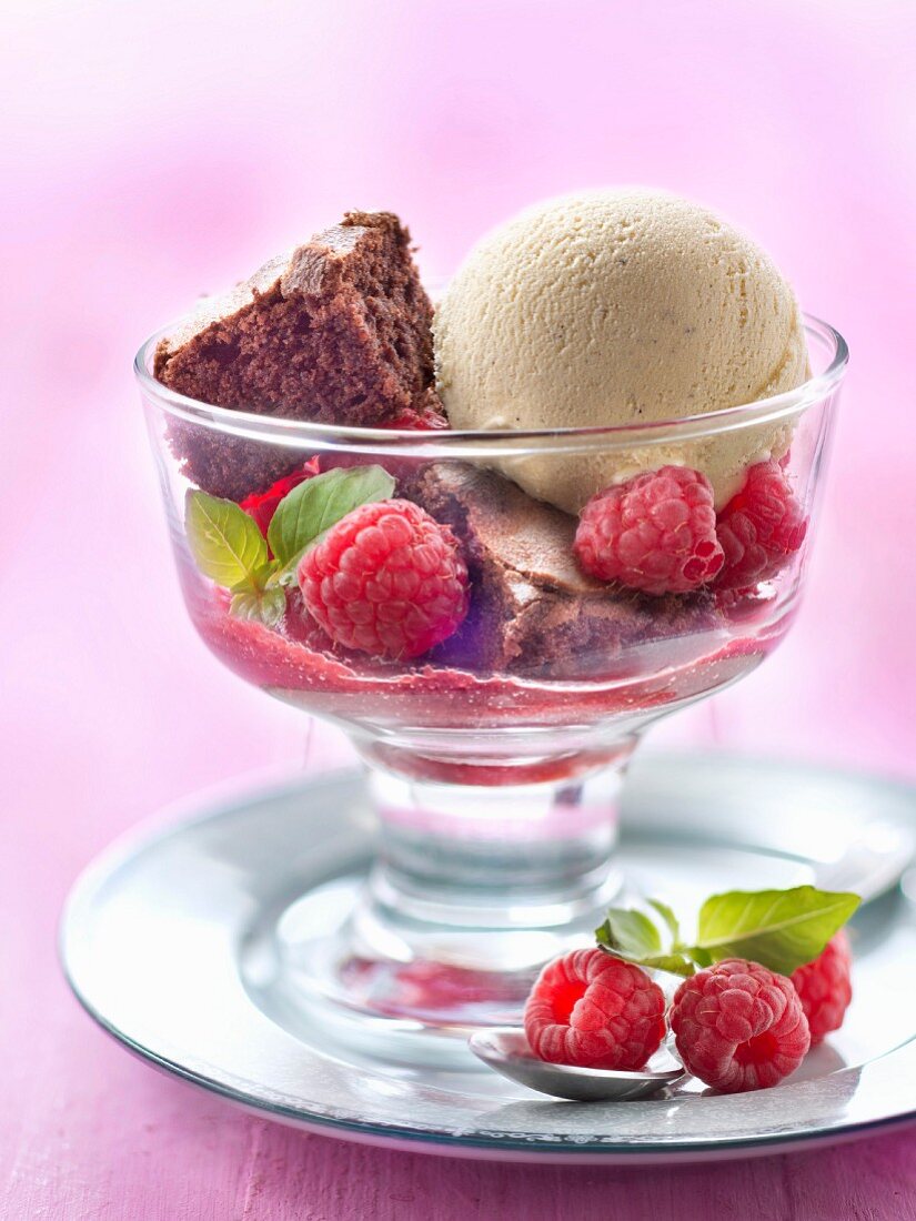 Chocolate cake, summer fruit coulis and vanilla ice cream gourmand dessert
