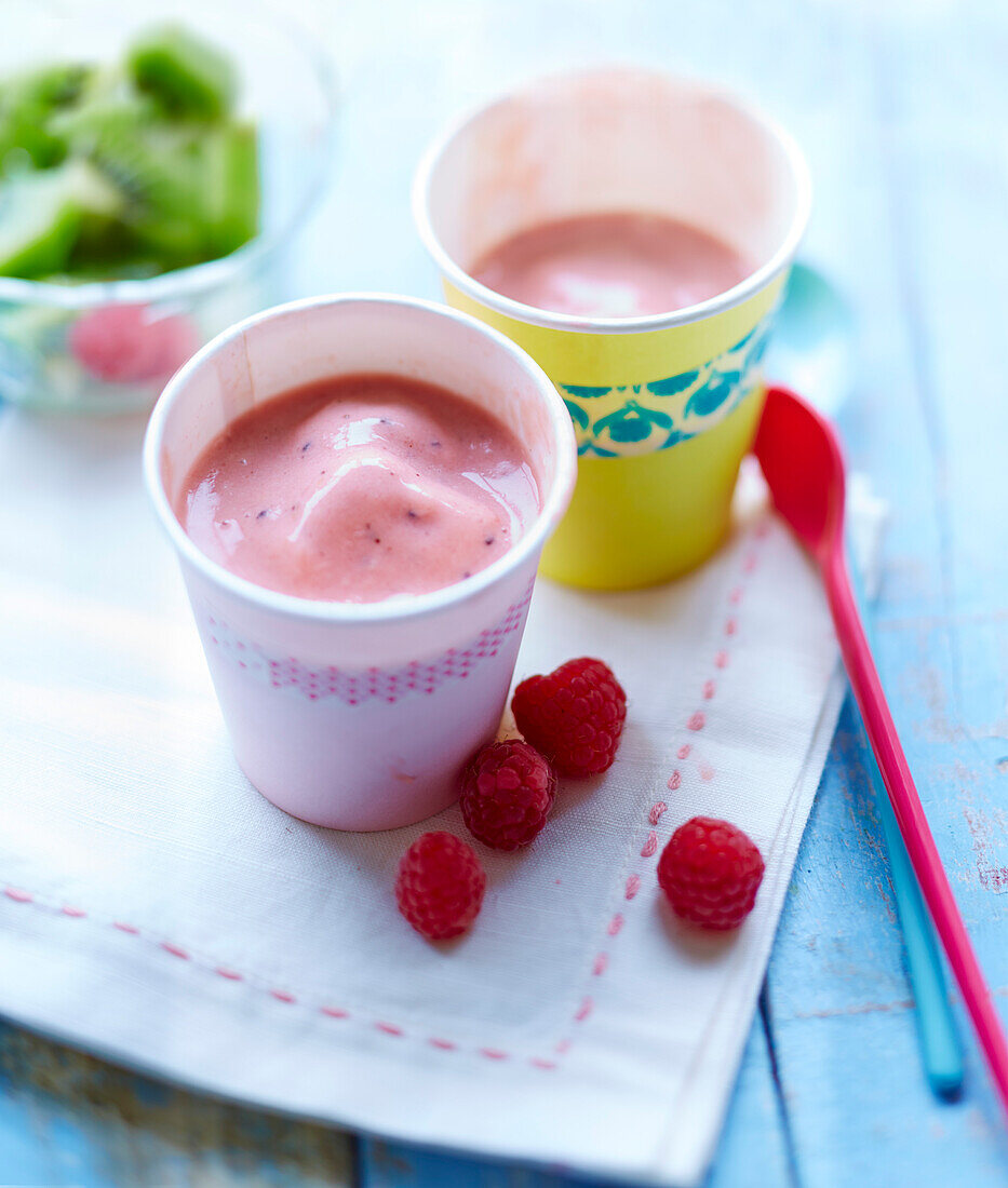 Frozen Yogurt mit Himbeeren und Kiwi (vegan)