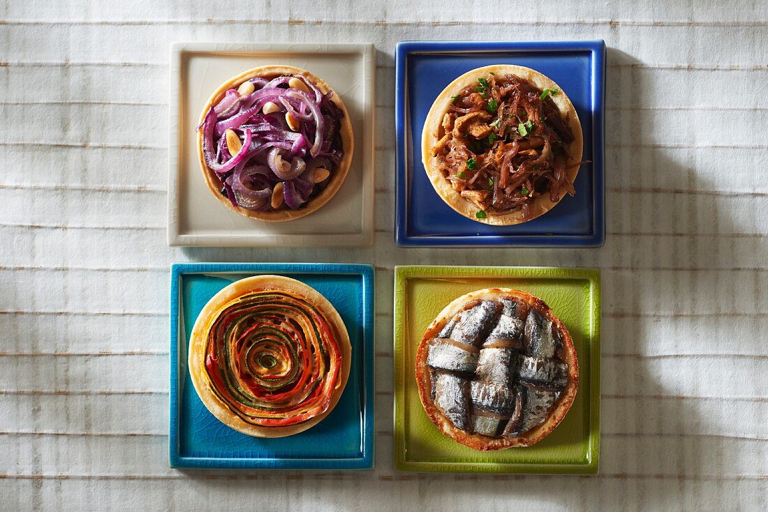 4 different tartlets :onion,duck,vegetable and anchovy