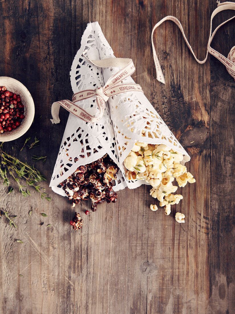 Honey-thyme popcorn and chocolate popcorn