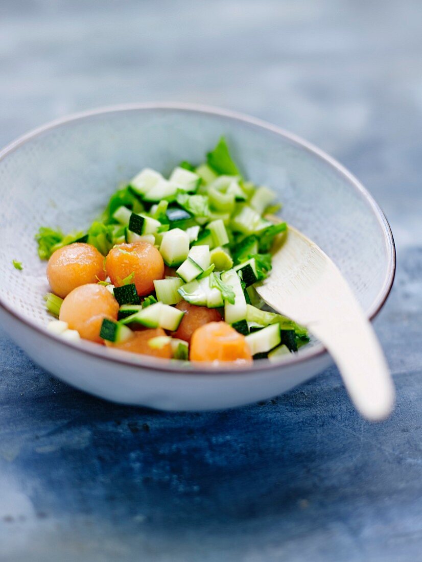 Melon ball, diced courgette and lettuce salad