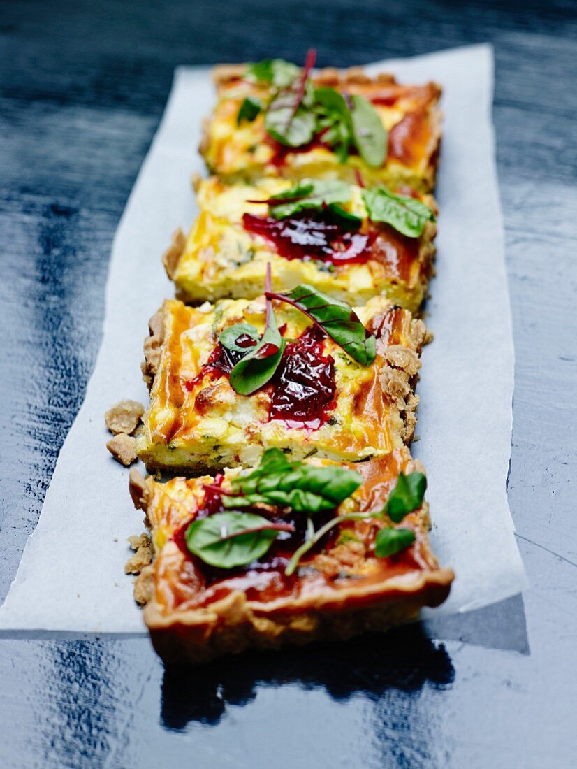 Courgette,red onion chutney and beetroot leaf quiche