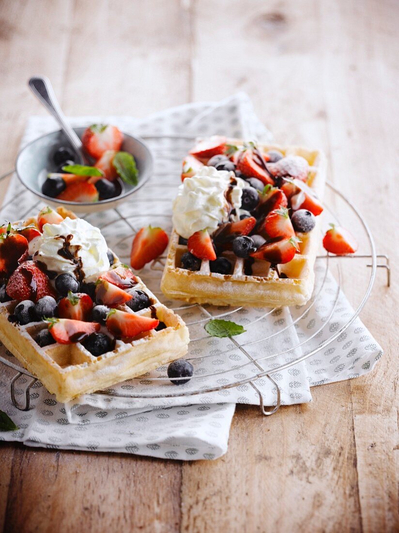 Brussels waffles with red berries and cream