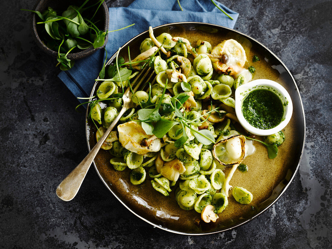 Orecchiette with purslane pesto and goat’s cheese