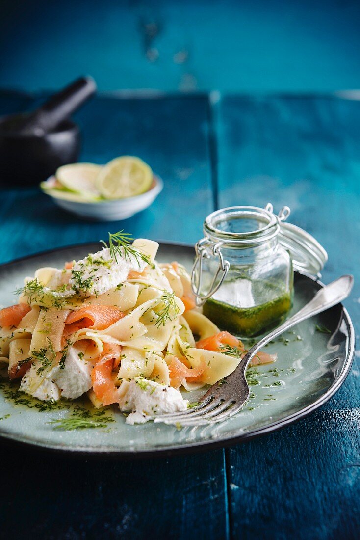 Pappardelle with salmon and ricotta,dill vinaigrette