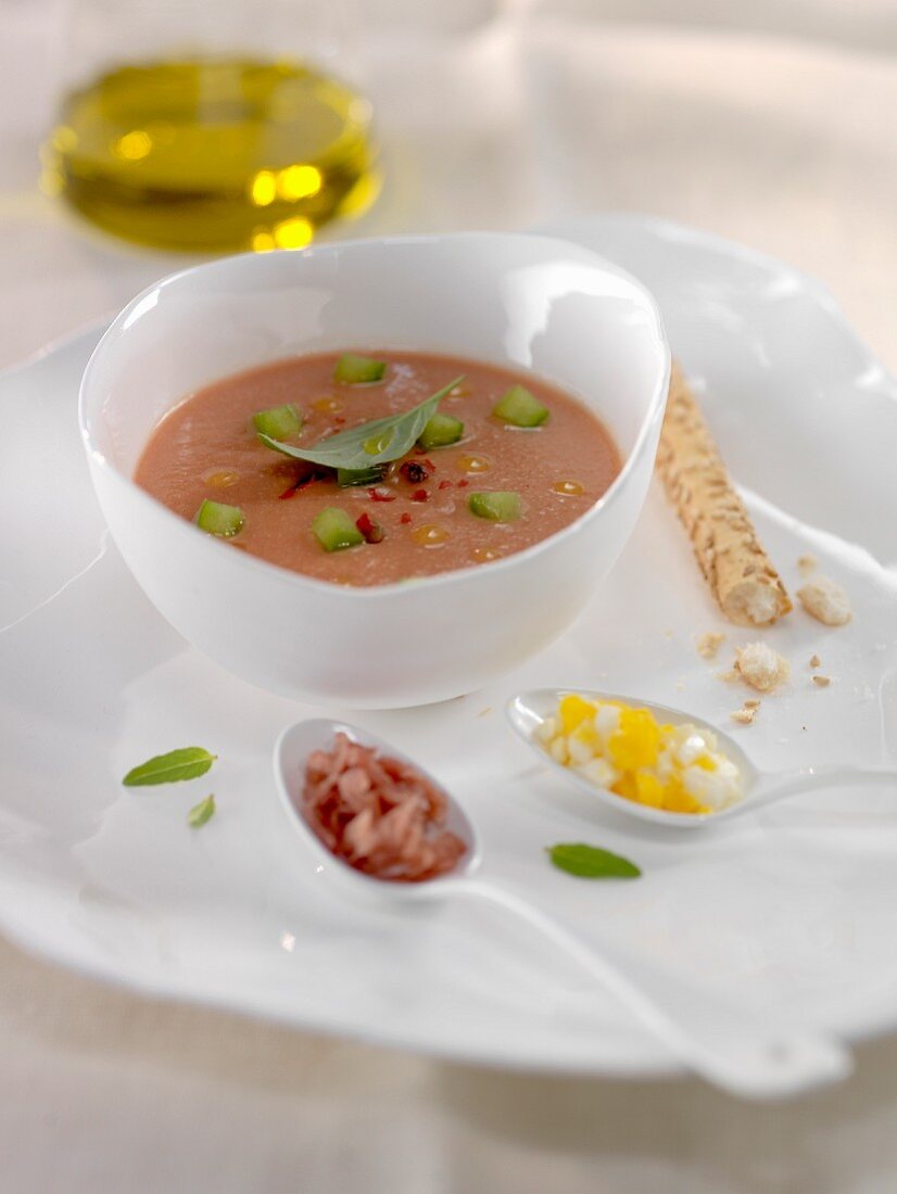 Cold tomato soup with flaked tuna ,hard-boiled egg and diced Serrano ham
