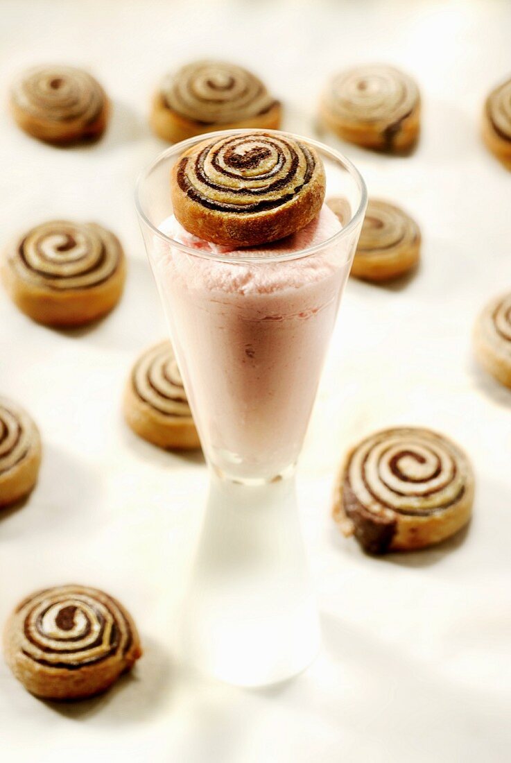 Strawberry Espuma and chocolate flaky pastry rolls