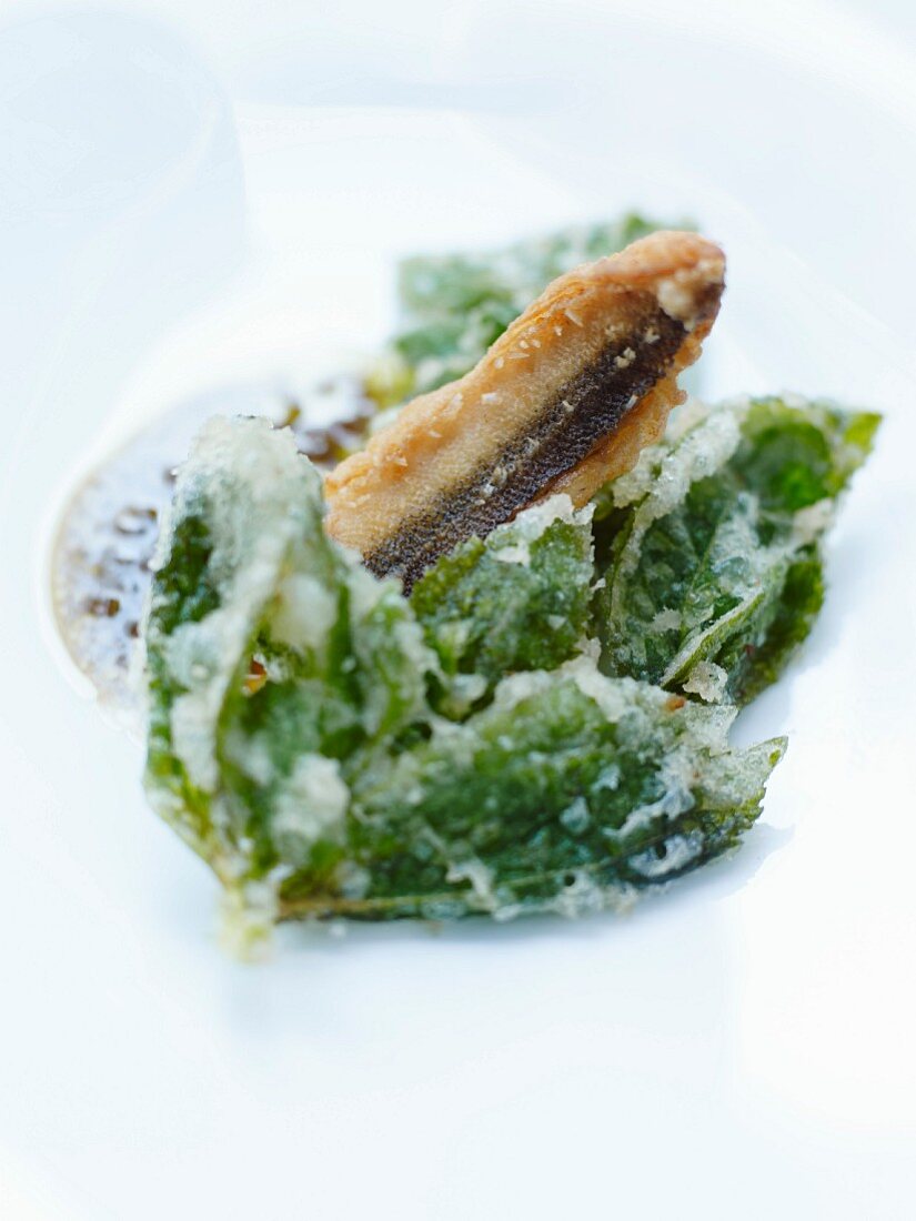 Eel and basil tempura with a seaweed emulsion