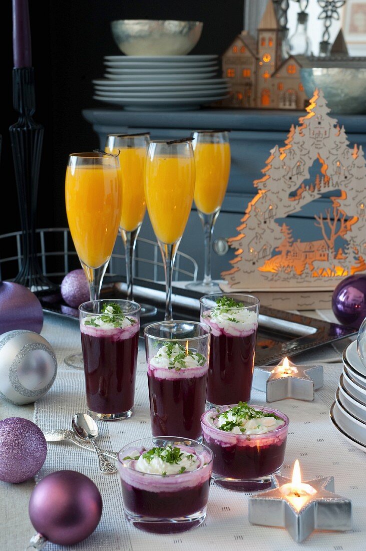 Red cabbage and apple gazpacho with salty whipped cream and fresh herbs and Champagne and orange Christmas cocktails