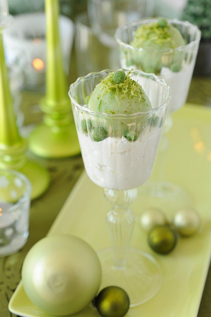 Glasses of lime mousse and basil sorbet