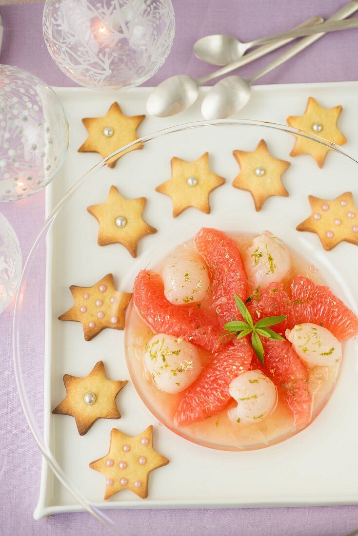 Grapefruit,lychee and lime fruit salad ,star shortbreads