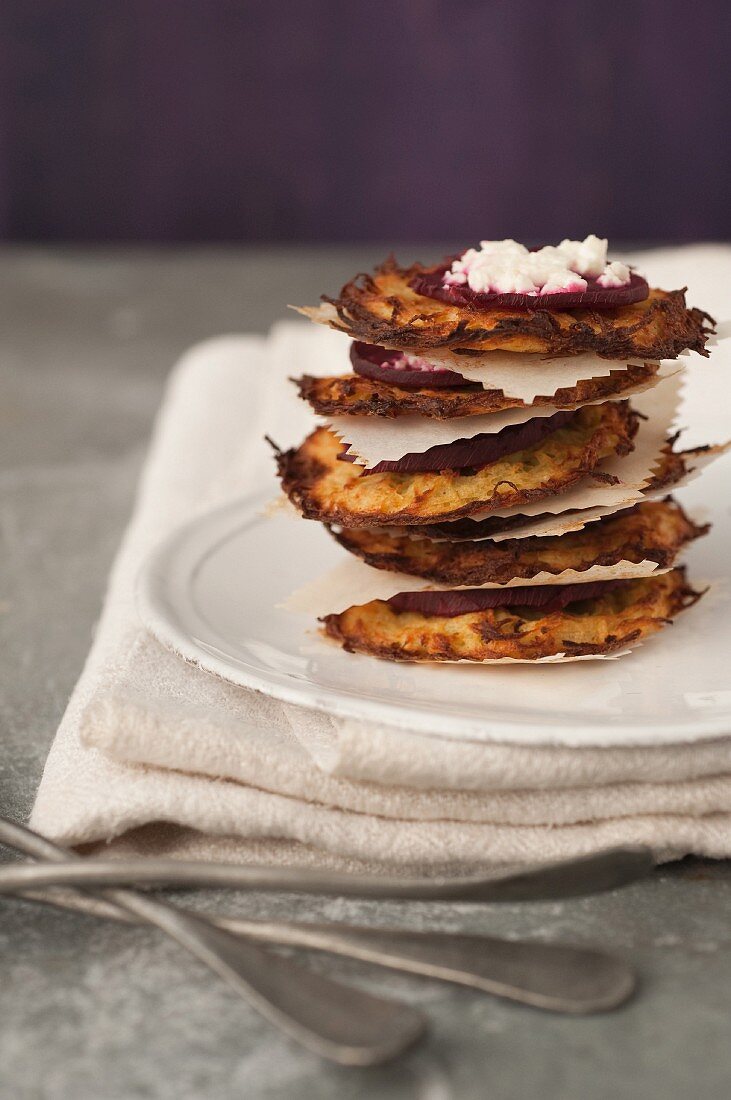 Potato galettes topped with grilled beetroot and feta