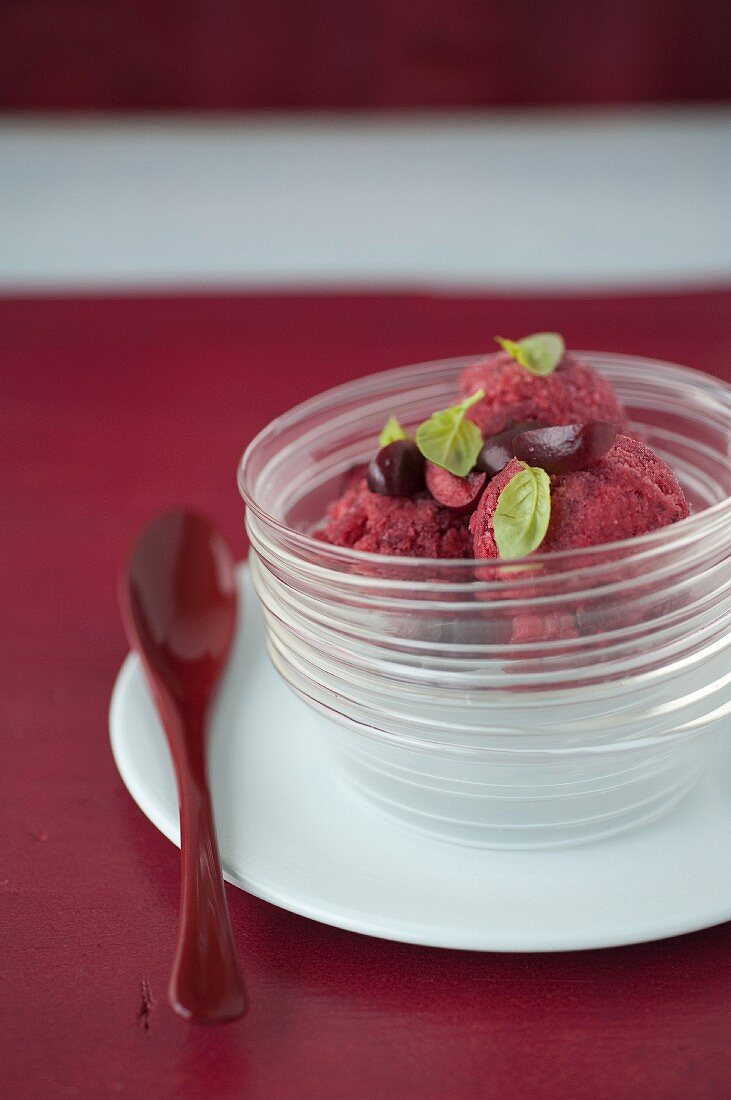 White-heart cherry sorbet with basil