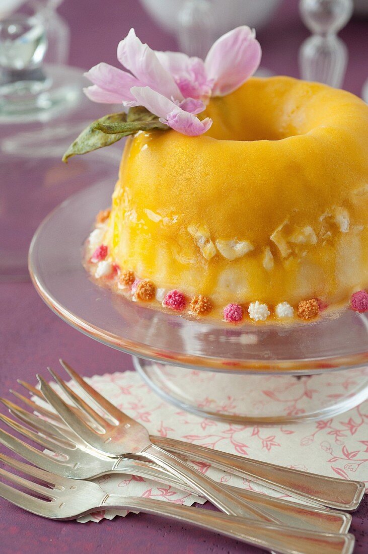 Ice cream meringue cake coated with exotic fruit coulis