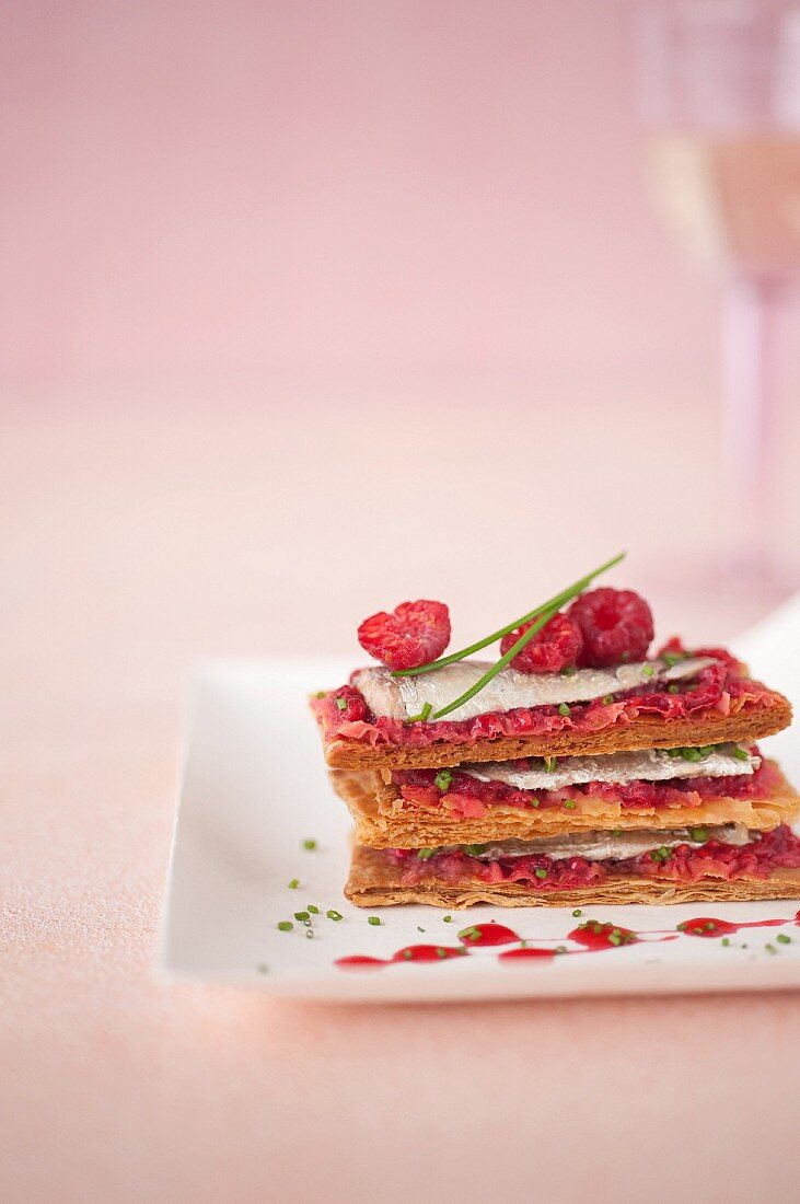 Sardine and raspberry Mille-feuille